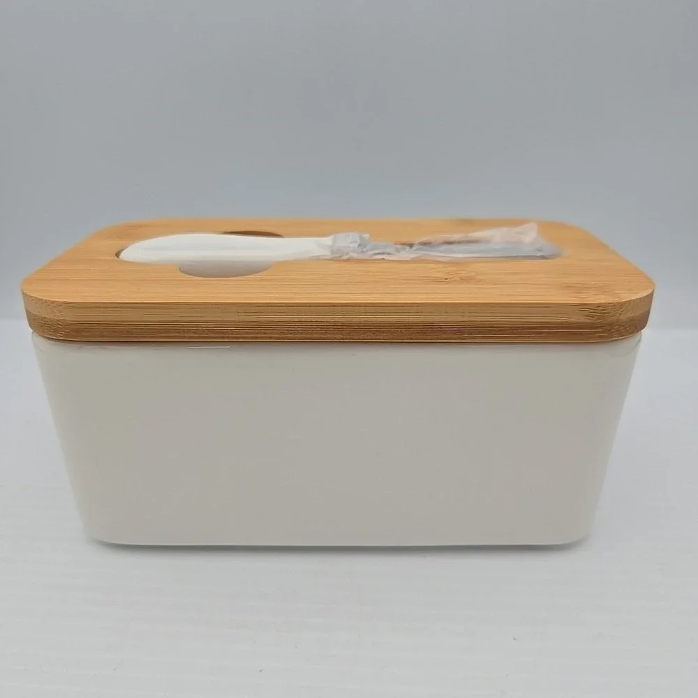Ceramic Butter Dish with Natural Wood Lid and Stainless Steel Knife (White)